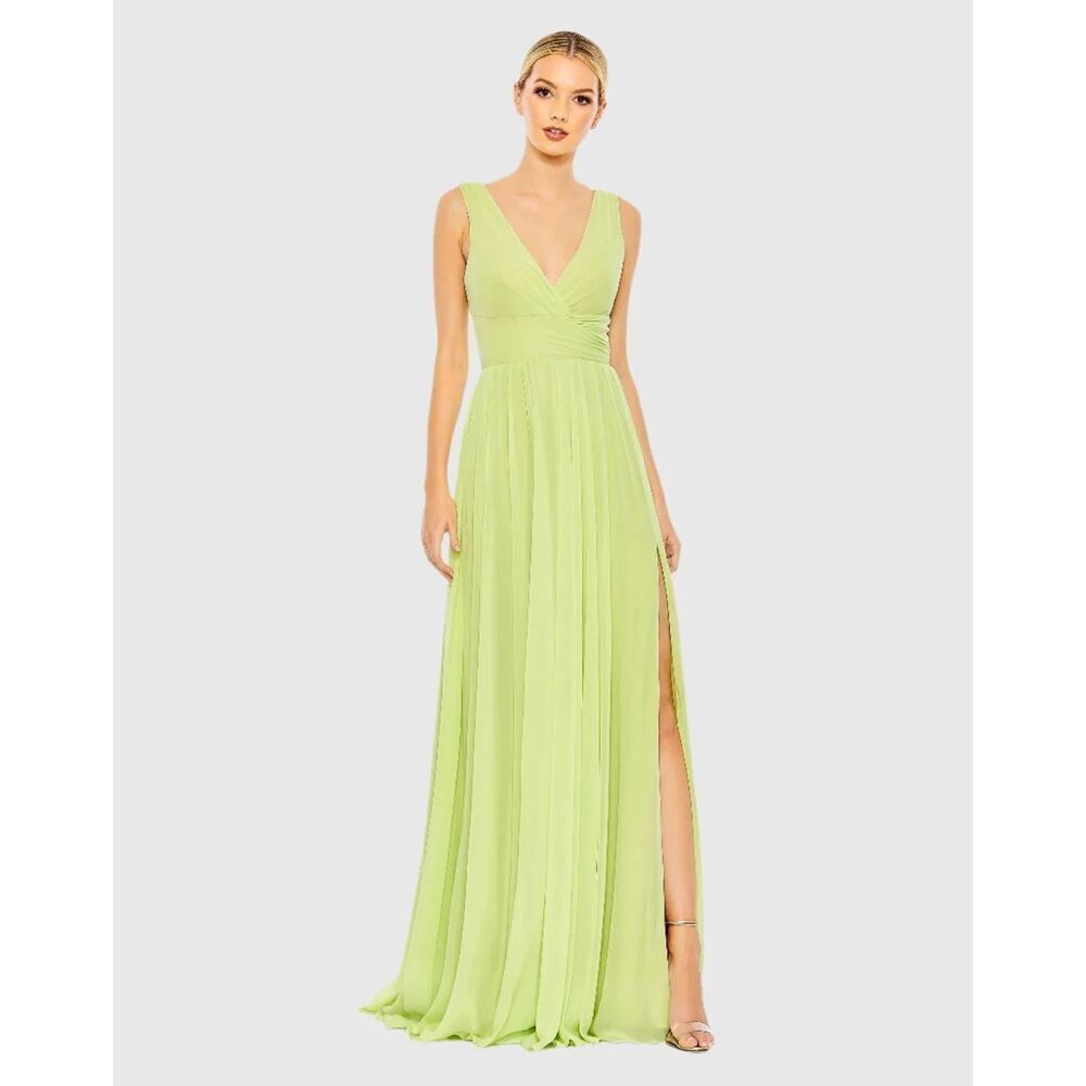 Mac Duggal NWT Chiffon Sleeveless Wrap Over A-Line Dress in Lime Size 12